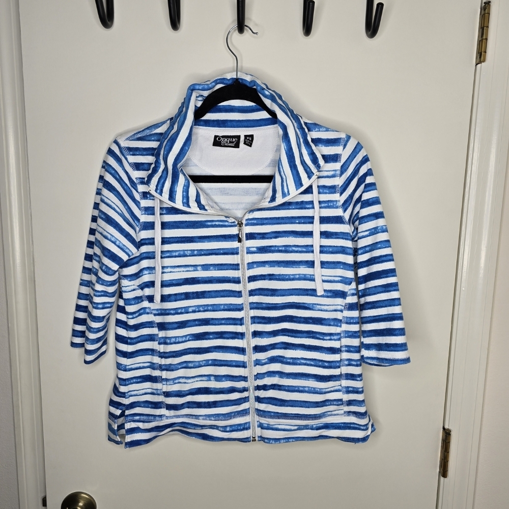 Onque Casuals Blue and White Striped Zip Up 3/4 Sleeve Sweatshirt PS